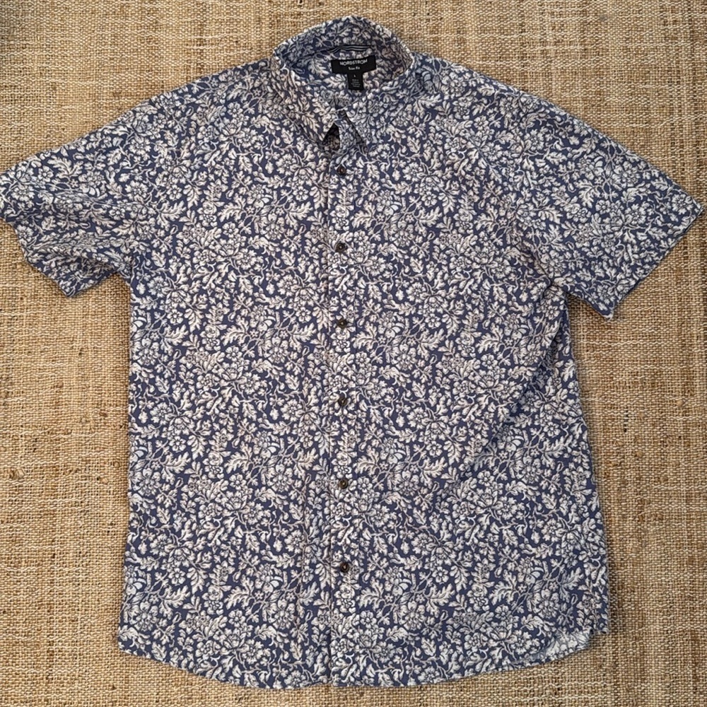 Nordstrom Men's Trim Fit Button Down Shirt Blue White Floral Large Cotton Linen